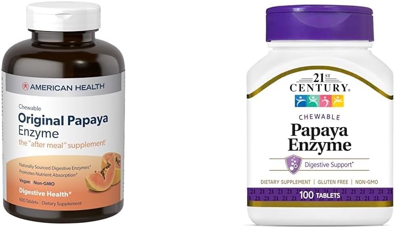 American Health Papaya Digestief Enzyme Kauwtabletten 600 Tel en 21e eeuw Tropische Papaya Enzyme Kauwtabletten 100 Tel Bundle
