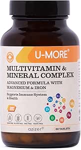 U-MORE Multivitamin & Mineral Complex, Vegan, Sugar-Free, Gluten-Free, Calcium, Magnesium, Vitamin A, B1, B2, B5, B6, B12, D3, K, C, Iron, Zinc, Supports Immune System & Overall Health - 60 Tablets