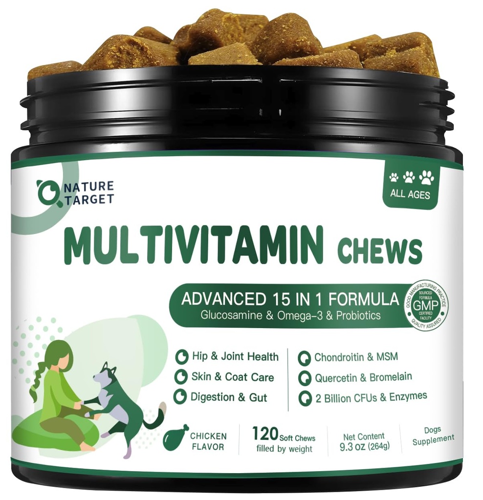 NATURE TARGET Multivitamine voor honden - met MSM & Glucosamine, Omega's 3 & 6, Probiotica voor de spijsvertering van gezondheid, gezamenlijke ondersteuning, huid & jas, immuunsysteem & algehele gezondheid 120 zachte kauwen