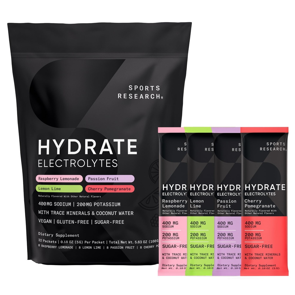 Sports Research® Hydrate Electrolytes Powder Packets - Sugar-Free & Naturally Flavored with Vitamines, Minerals, and Coconut Water - Supports Hydration - 32 Packets - Variety Pack