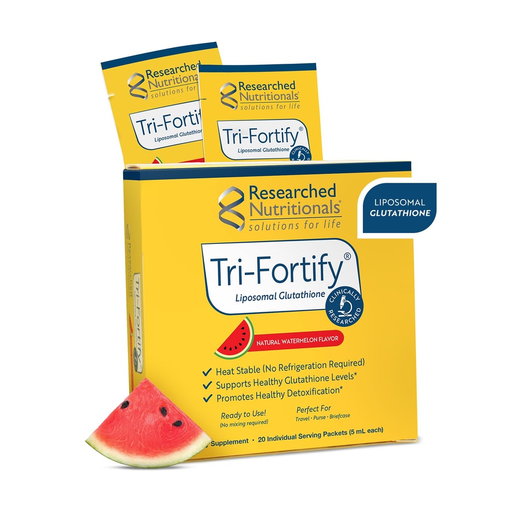 Onderzoek naar voedingssupplementen Liposomale glutathion (450mg) Liquid Gel + Vitamine C - Tri-Fortify - Aid Natural Energy, Immune Support & Detox - Klinisch onderzocht voor Absorptie, Watermeloen (20 Packets)