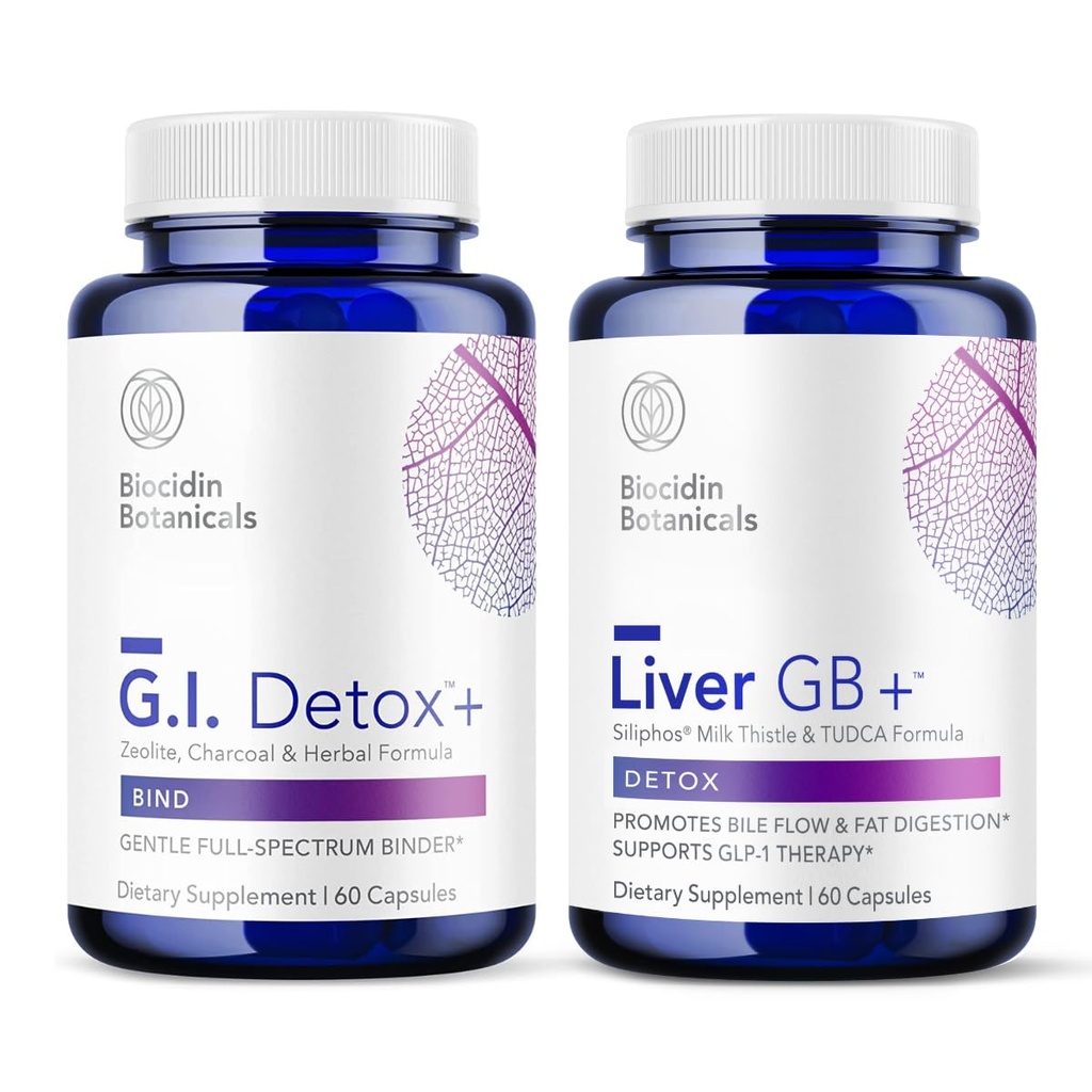 Biocidine G.I. Detox+ Gentle Binder & Liver GB+ Gallblader Lever Ondersteuning - Help Toxine Verwijdering & vetdigestie te optimaliseren - Actieve Charcoal, Zeoliet, TUCCA & Bitter Herbs (2 producten)