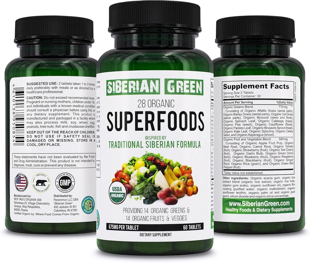 Siberisch Groen 28 Biologische Superfoods Supplement 60 Tablets - 14 Essentiële Groenen, 14 Nutrische Fruit & Veggies uit de traditionele formule voor energie, Wellness, Gezondheid
