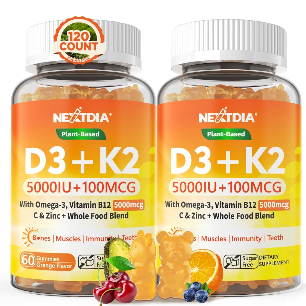 Vitamine D3 K2 Gummies 5000IE / 10.000 IE met Omega-3 250mg + K2(MK-7) 100mcg - 5X Absorptie dan Standaard D3K2,met Vitamine C, Zink en 5 Biologische Groenten,Ondersteunt Bot & Tanden Kracht, Immuun