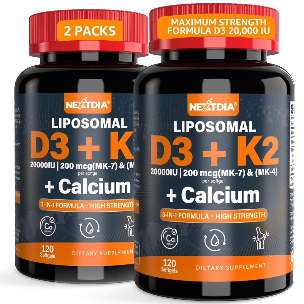 Vitamine D3 20.000 IE + K2 Vitamine (MK4 & MK7) 200 mcg + Calciumcitraat, Optimaal Vitamine D3 K2 Softgel - Sterke botspieren, Calcium Absorptie, Het helpen van vitamine D Deficiënties, Gemakkelijk doorslikken, 2pack