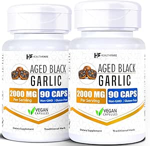 Healthfare Aged Black Garlic Supplement Pills | 2000mg Equivalent | 2 Bottles, 180 Vegan Capsules | Fermented Odorless Garlic Extract | Non-GMO, Gluten-Free | Made in USA