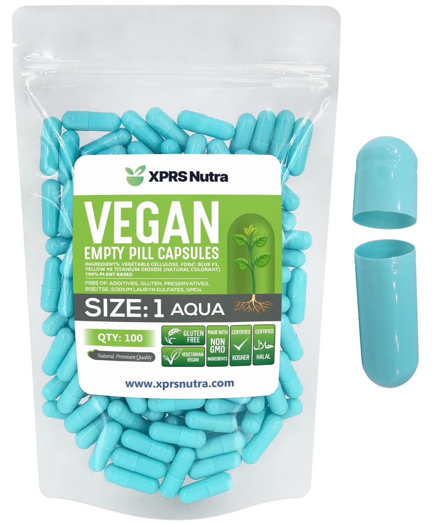 XPRS Nutra Maat 1 Lege Capsules - 100 Graaf Lege Vegan Capsules - Vegetarische pillen - DIY plantaardige capsule vullen- Veggie pilscaps voor Do-It-Yourself Supplements (Aqua)