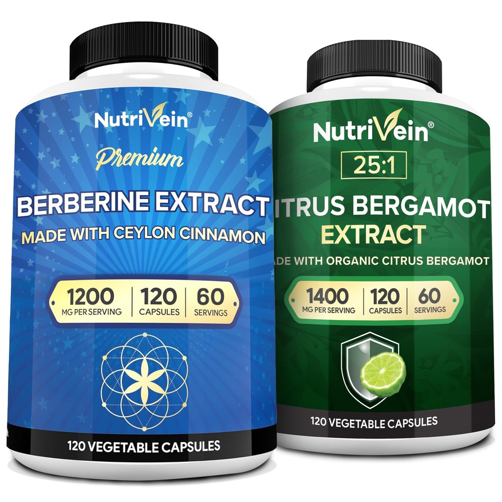 Nutrivein Premium Berberine 1200mg & Citrus Bergamot Extract 1400mg Bundel - Ceylon Cinnamon & 25:1 Bergamia Extract - Weight Management & Immune Support Plus Heart Health - 120 Capsules Elke