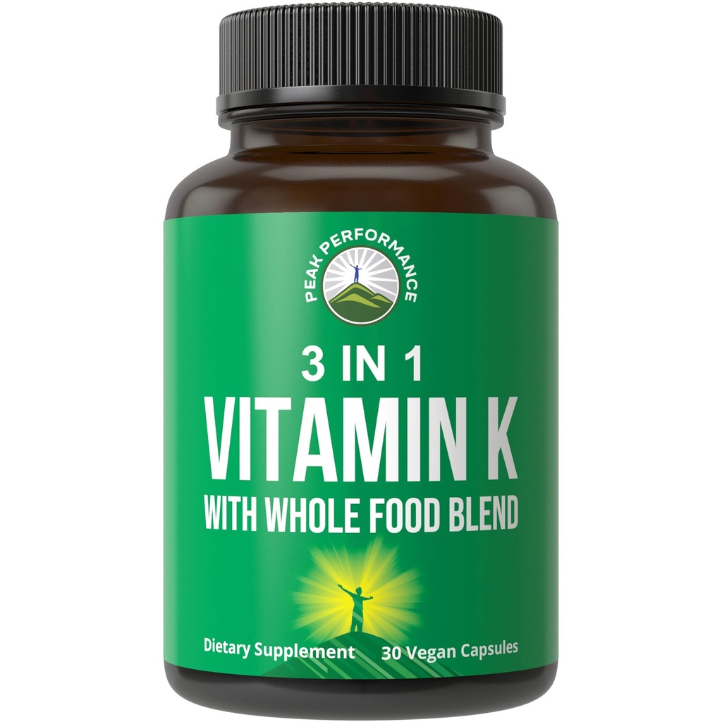 Vitamin K with Whole Food Blend of 25+ Vegetables and Fruits for Max Absorption. Vegan Capsules Supplement. Vitamins K1, K-2 MK4 + K2 Natto MK7. Alternative to Drops, Gummies. VIT K with K 2 and MK-7