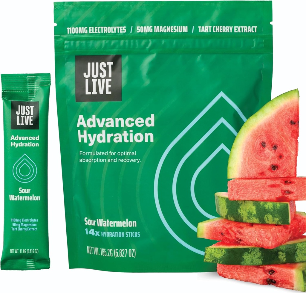 Just Live Advanced Hydration - Zure Watermeloen, Electrolyte Drink Mix, Tart Cherry Extract, Ondersteunt Herstel & Absorptie, Lage Suiker, 14 Pack