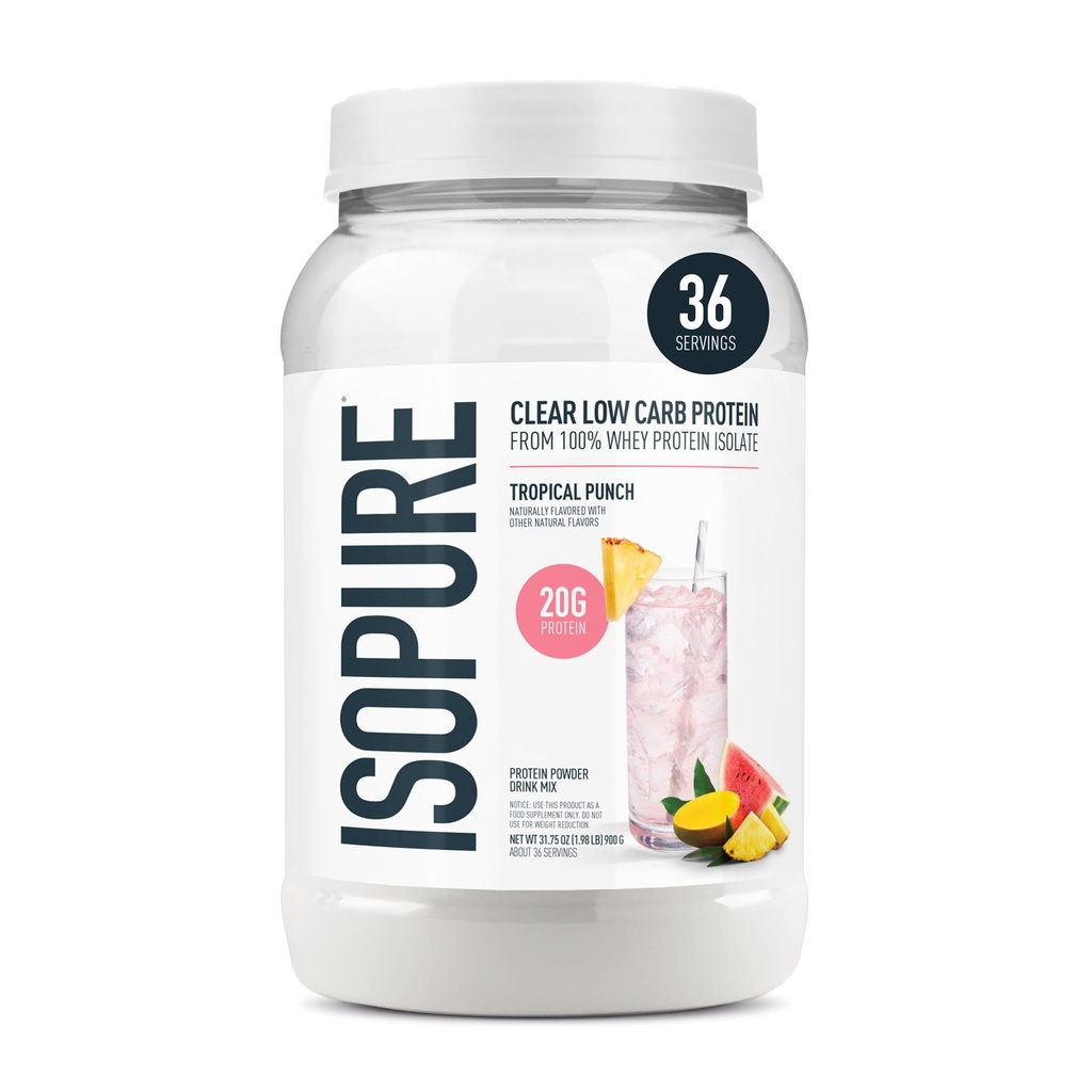 Isopure Clear Whey Isolaat Proteïne Poeder, Lactosevrij, Glutenvrij, Natuurlijk Gearomatiseerd, Tropische Punch, 20g Proteïne Per Serving, 1.9 Lbs, 36 Servers (Verpakking mei Vary)