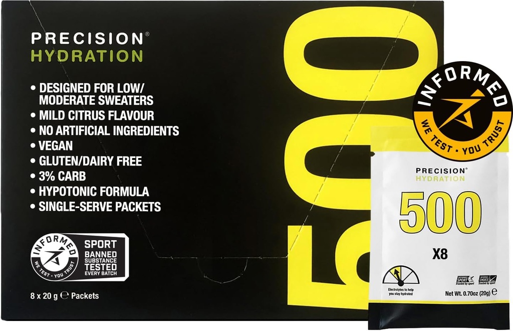 Precisie Hydration Electrolyte Drink Mix - Alle natuurlijke Multi Strength Electrolyte Powders - Individuele waterdichte porties - Gluten/Dairy Free (500mg/L - Yellow Packet, Pack of 8)