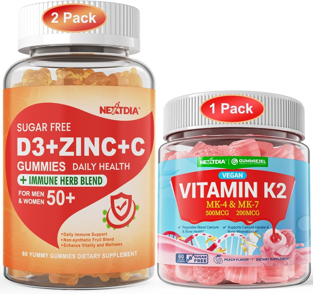 Bundel: Vitamine C + D3 + Zink Gummies voor volwassenen 50 + & vitamine K2 Gummies