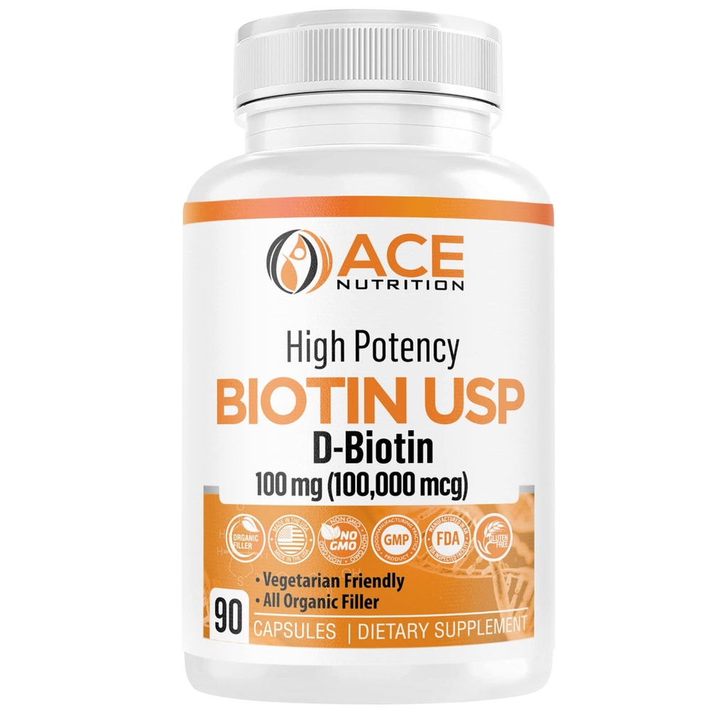 High Potency Biotin USP (D-Biotin 100,000mcg) - Superior Biotin, Organic Rice Flore, Vegetarian Capsules For Hair, Skin, & Myelin Health, Made in the USA (100mg/90 Capsules)