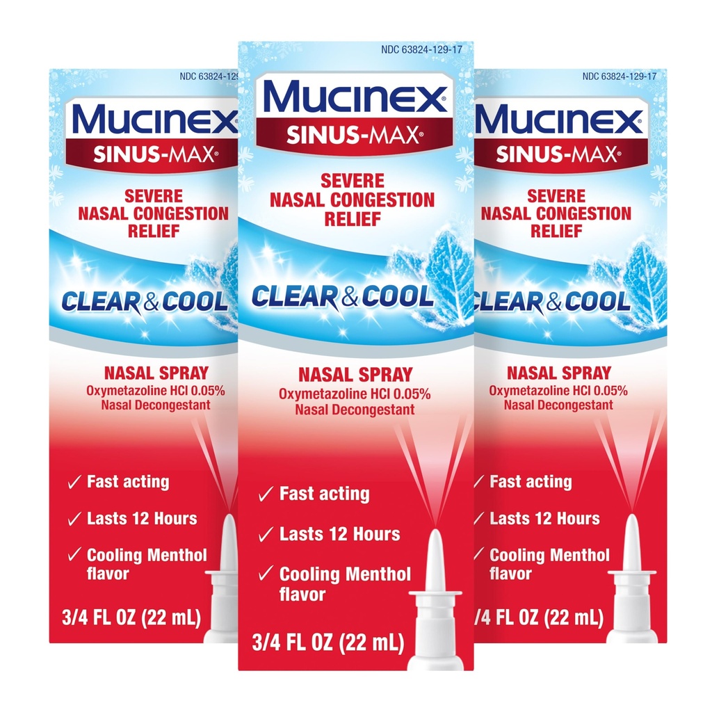 Mucinex Sinus-Max Neus Spray Decongestant, 12 uur over-The-Counter Medication Neusspray voor Sinus Relief, Neusdecongestanten voor volwassenen, Koelen Menthol, 0,75 Fl Oz (pakket van 3)