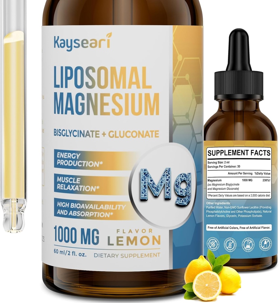 Hoge sterkte Liposomale Magnesiumdruppels, gemakkelijk geabsorbeerde gecheleerde vormen van magnesiumbisglycinaat en Magnesium Gluconaat, 60ML Citroen Flavored Liquid Drops