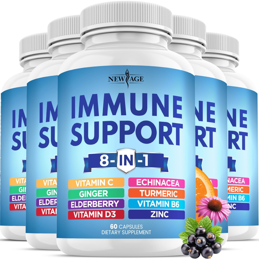 8 in 1 Immune Support Booster Supplement with Echinacea, Vitamin C and Zinc 50mg, Vitamin D 5000 IU, Turmeric Curcumin & Ginger, B6, Elderberry (8 in 1 Capsules (Pack of 5))