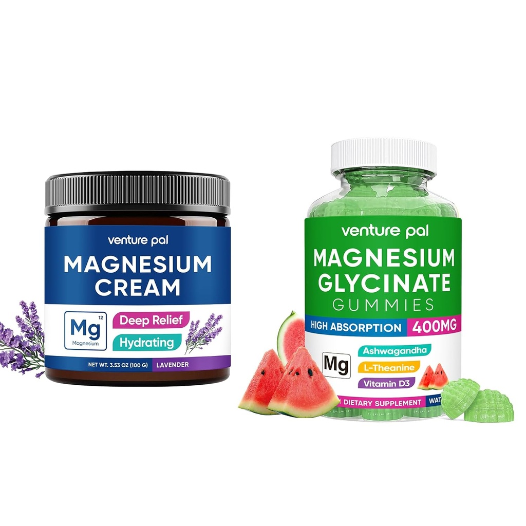 Venture Pal Moisturizing Magnesium Lotion, Magnesium Glycinate Gummies 400mg met Ashwagandha