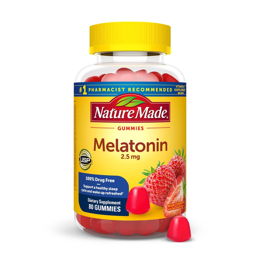Nature Made Melatonine Gummies 2,5 mg, 100% Drug Gratis Slaaphulp voor volwassenen, Melatonine Supplement 80 Tellen, 80 Dagen Levering