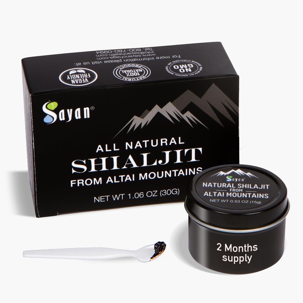 Sayan Pure Authentic Altai Shilajit Resin - 15 Gram, 2 maand aanbod - Hoge werkzaamheid Organic Fulvic Acid Supplement for Women and Men to Support Immune System, Energy, & Detox - Vegan, Non-GMO