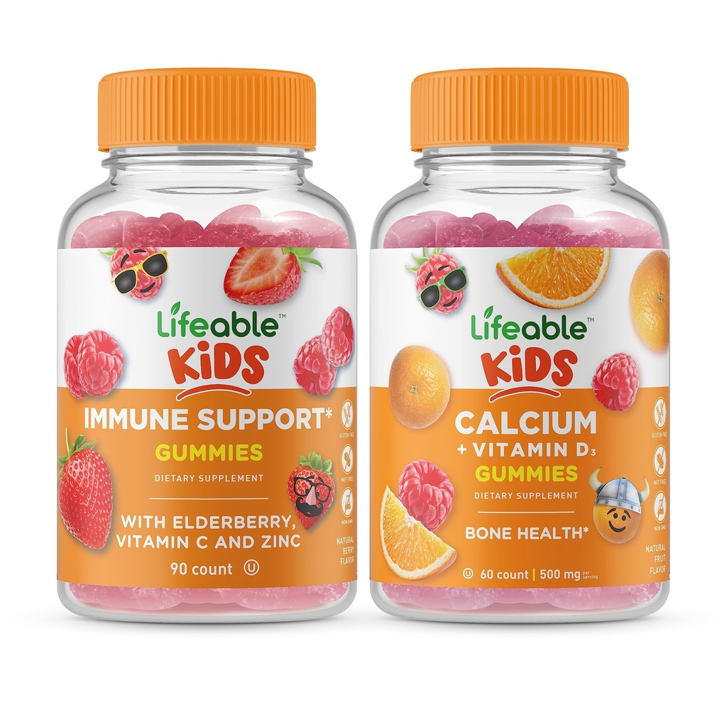 Lifeable Immune Support Kids + Calcium with Vitamin D Kids, Gummies Bundle - Great Tasting, Vitamin Supplement, Gluten Free, GMO Free, Chewable Gummy