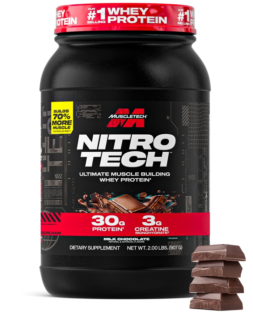 Muscletech Wei Protein Powder (Milk Chocolate, 2 Pound) - Nitro-Tech Ultimate Muscle Building Formula with Wei Protein Isolaat - 30g of Protein, 3g of Creatine & 6.8g of BCAA - Packaging May Vary