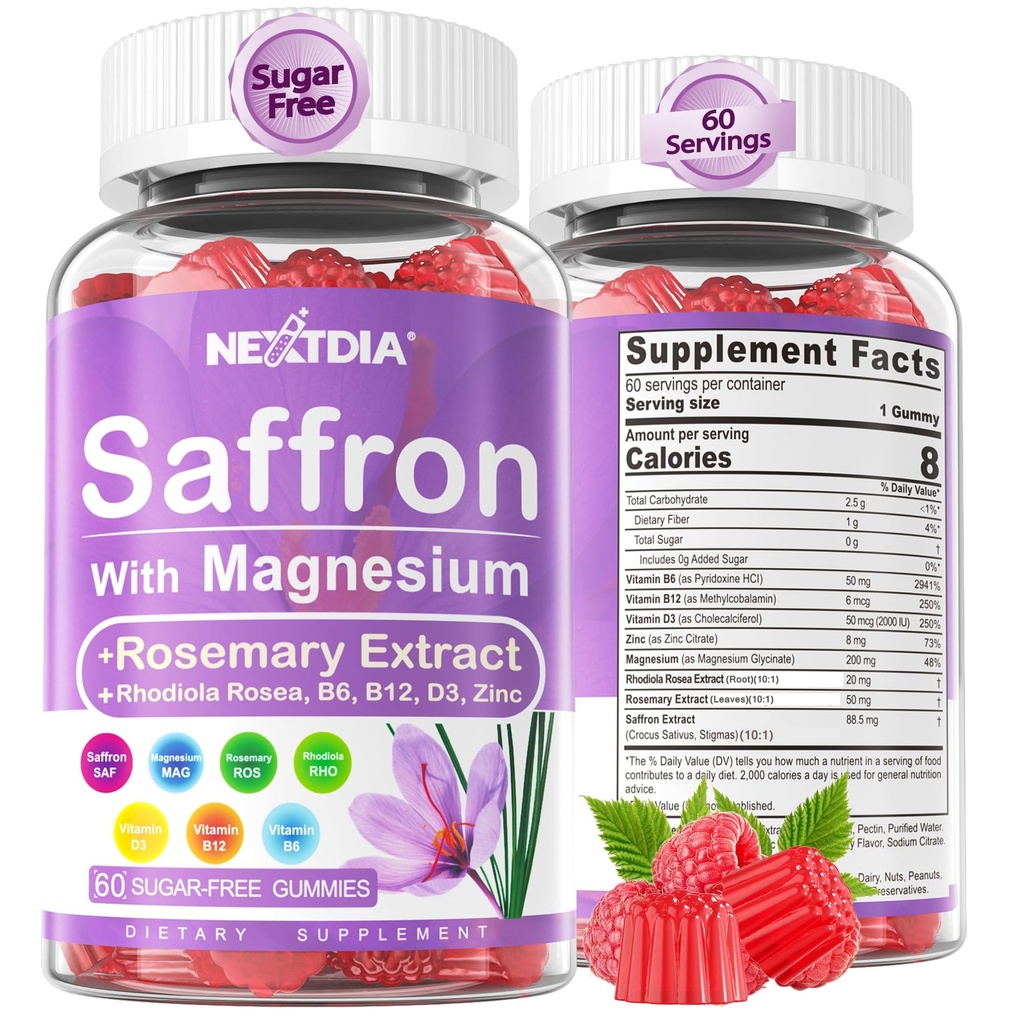 Saffraan met Magnesium Glycinate Gummies, 2 maanden Supply - Sugar Free Magnesium 400/200mg w/Saffraan,Rhodiola,Rosemarie, B6,B12,D3 voor S-slaap, Kalm,Focus, Relax, Nerve, Melatonine Free Gummies