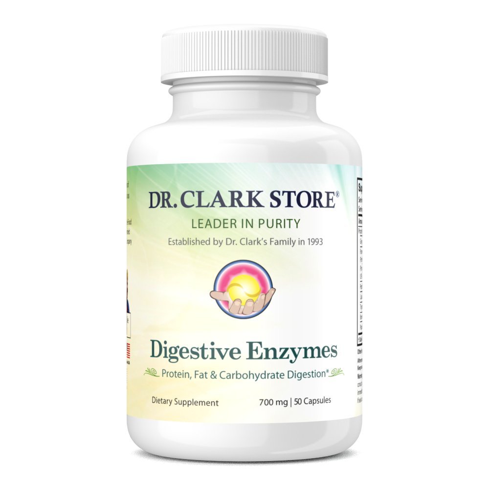 Dr. Clark Decompensative Enzymes Supplement 700mg, 50 Gelatine Capsules, bevordert spijsverterings- en darmfunctie