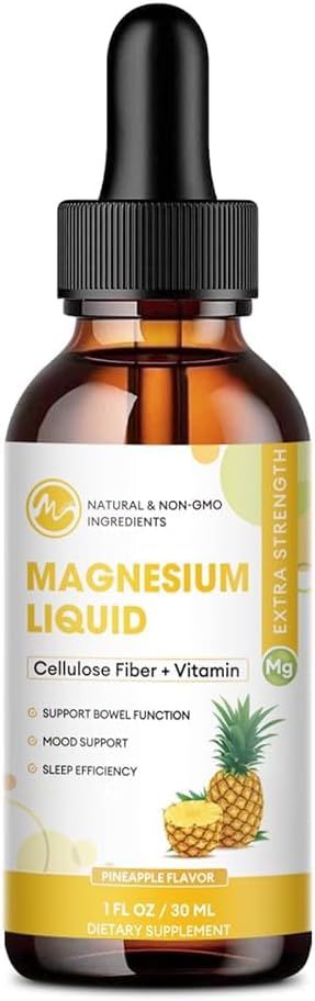 M inch Magnesium Glycinate Liquid, Hoge Absorptie Magnesium Liquid Drops met Cellulose Fiber, Bromelaine, Vitamine B6, C, D, Zink, Magnesium Supplement voor kinderen en volwassenen, Ananas smaak, 1 Pack