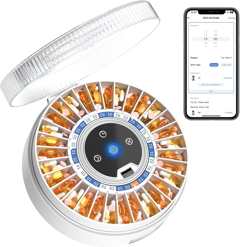 Zoksi Premium 31-slot automatische pildispenser met vingerafdruk en sleutelvergrendeling, slimme medicatie Organisator met alarm &amp; licht, elektronische pil Organizer voor ouderen & vergeetachtigheid