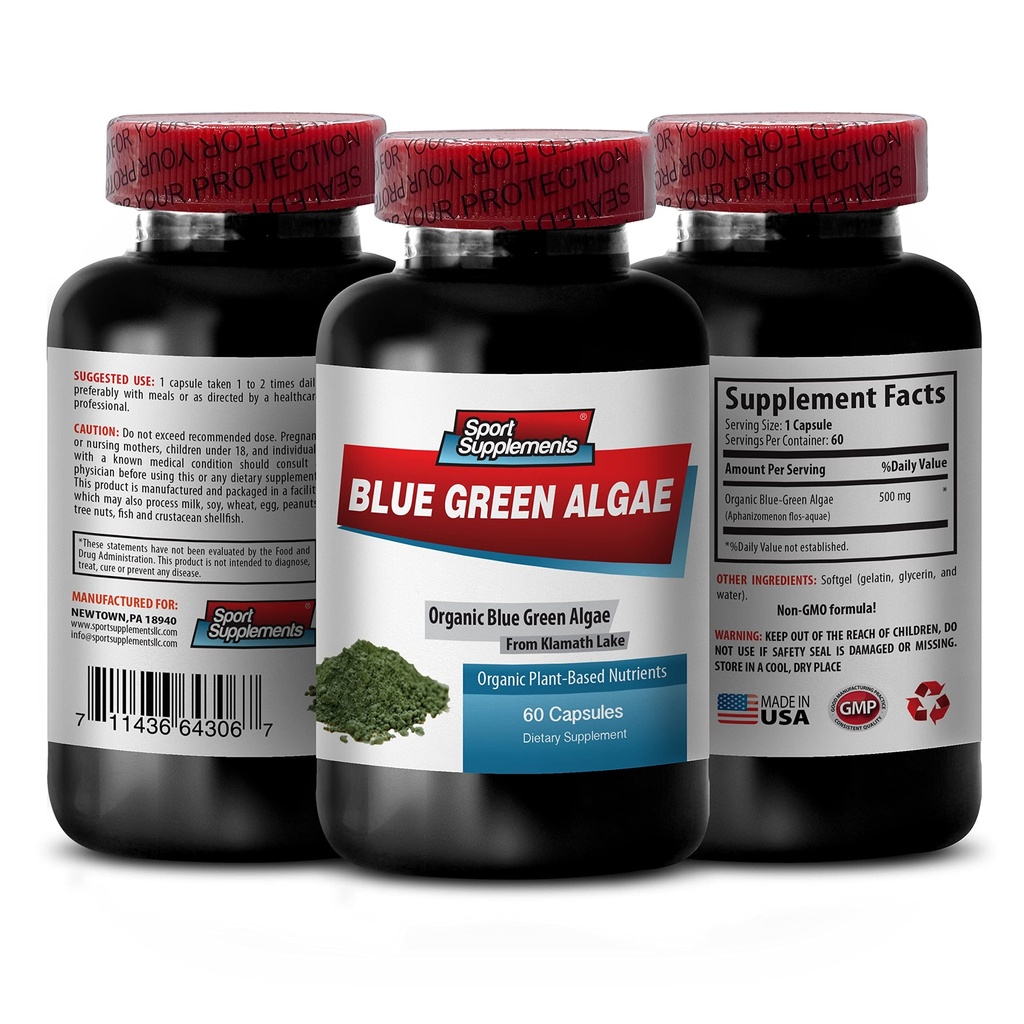 Pure kruidensupplement - Klamath Blue Green Algen 500mg - Verhoog de energieniveaus, verbeter de spijsvertering en verbeter het immuunsysteem, spirulina, Chlorella, Klamath Blue Green Algenpoeder - 1B 60 Capsules
