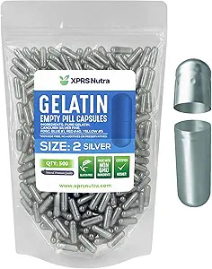 XPRS Nutra Size 2 Empty Capsules - 500 Count Empty Gelatin Capsules - Pills DIY Capsule Filling - Pure Bovine Pill Gel Caps for Do-It-Yourself Supplements (Silver)