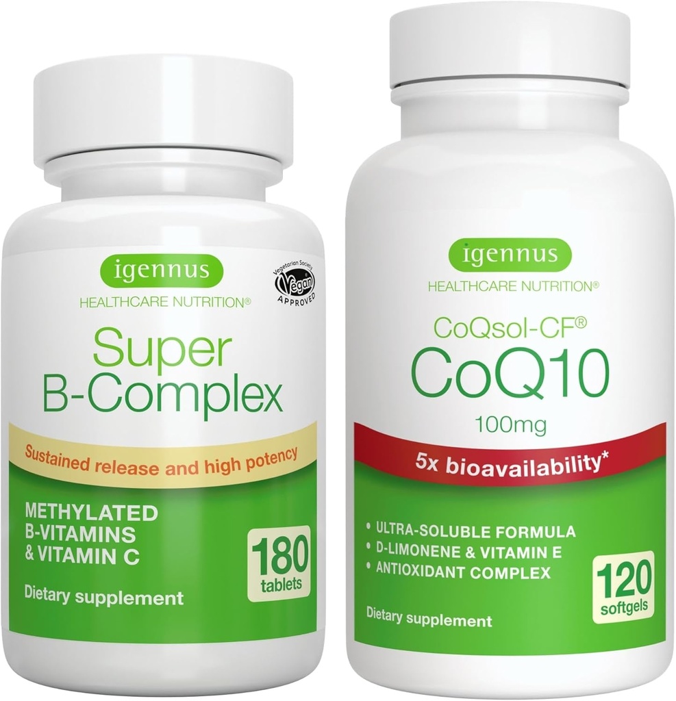 Super B-complex 180 tabletten + High Absorptie CoQ10 100mg 120 Softgels Energy Bundle, Methylated Sustained Release B Complex + CoQ10 met Vitamine E & D-Limonene, door Igennus