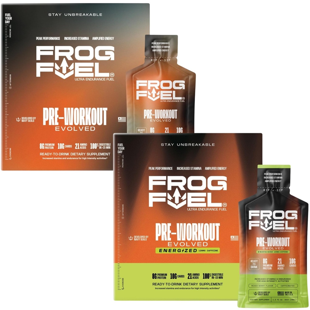 Frog Fuel Ultra & Ultra Energized Pre Workout Shot Bundle met 1500 mg Beta Alanine, Electrolytes 8g Proteïne Nano-Hydrolyzed Gras Fed Collagen, 10g Carbs, Berry, 1,2 oz Packets, 48 Pack
