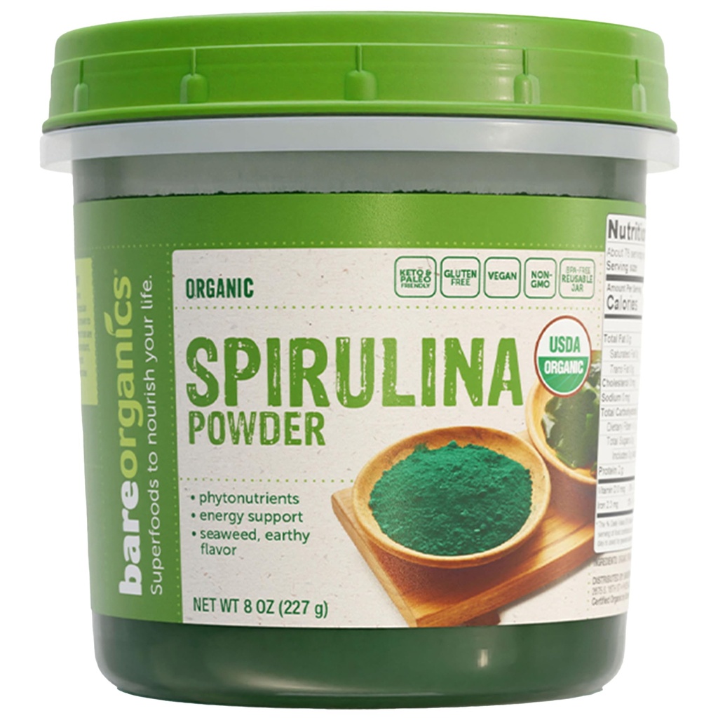 BareOrganics Spirulina Powder - Organic Superfood Powder - Vegan, Non-GMO, Glutenvrij - High Protein, Antioxidant-Rich for Smoothies, Juices, Shakes & Daily Wellness, 8 Oz