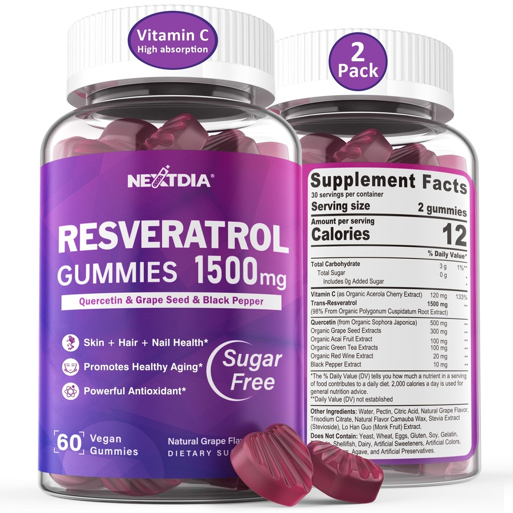 Resveratrol Supplement 1500mg - Resveratrol Gummies Ondersteunt NAD+, NMN & NMNH Synergy, met quercetine, druivenzaad, acai bessen Extracten voor antioxidant, gezonde veroudering & langlevendheid, huid, hersenen - 2PCs