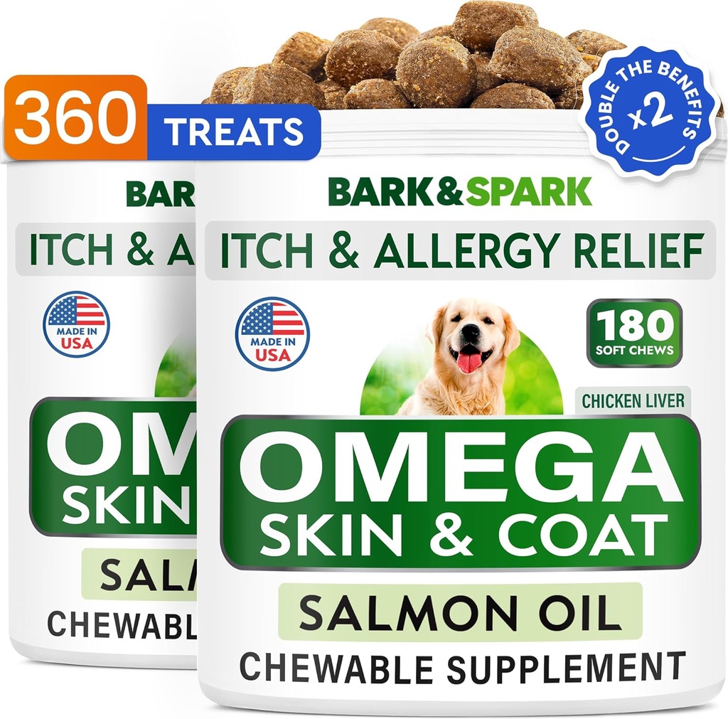 BARK&SPARK (Pack van 2 Omega 3 voor honden - 360 Visolie Kauwen voor hondenvergieten, huidallergie, jeuk verlichting, hot spots behandeling - gezamenlijke gezondheid - huid & jas supplement - EPA&DHA Vetzuren