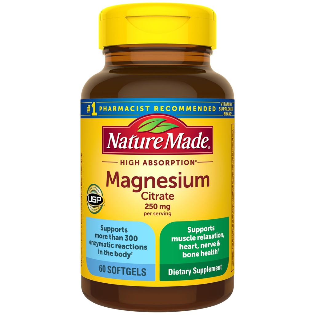 Nature Made Magnesium Citrate 250 mg per portie, Magnesium supplementen voor mannen en vrouwen, ondersteunt spier, nerve, bot en hart, 60 Softgels, 30 dagen levering