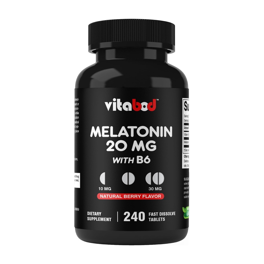 Vitabod Melatonine 20 mg - 240 Fast Solution Tablets - Drug Free - Natural Berry Flavor - Vegetarian, Non-GMO, Gluten Free 240 Tel (Pack of 1) (240 Tellen (Pack of 1))