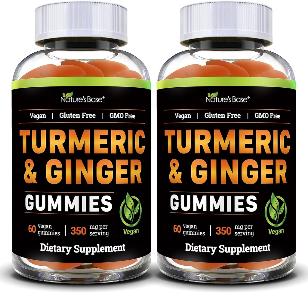 Nature's Base Kurkuma en Gember Gummies voor volwassenen (2 Pack) - Tumeric Curcumin Supplement to Support Joint Health & Immune Support - 120 Vegan Gummies