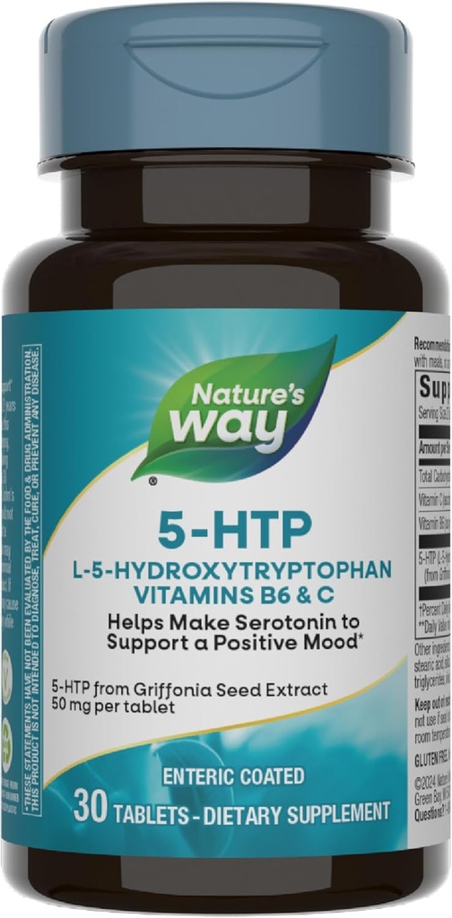 Nature's Way 5-HTP, L-5-Hydroxytryptofaan, helpt bij het maken van serotonine om een positieve Outlook*, Vitamine B6, Vitamine C, Griffonia Bean Extract, 30 tabletten te bevorderen (Verpakking mei Vary)