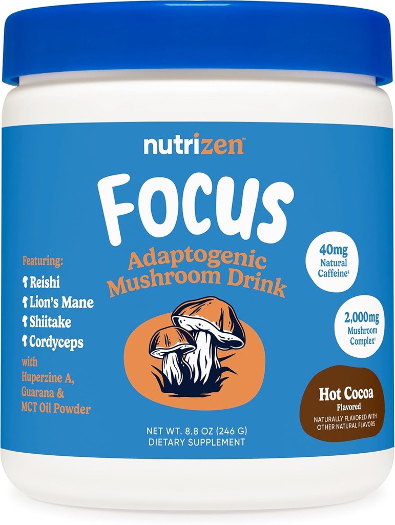 Nutricost Nutrizen AM Focus Adaptogenic Mushroom Drink (Hot Cocoa Flavored) 30 Servers - Inclusief Reishi, Lion's Mane, Shiitake, Cordyceps