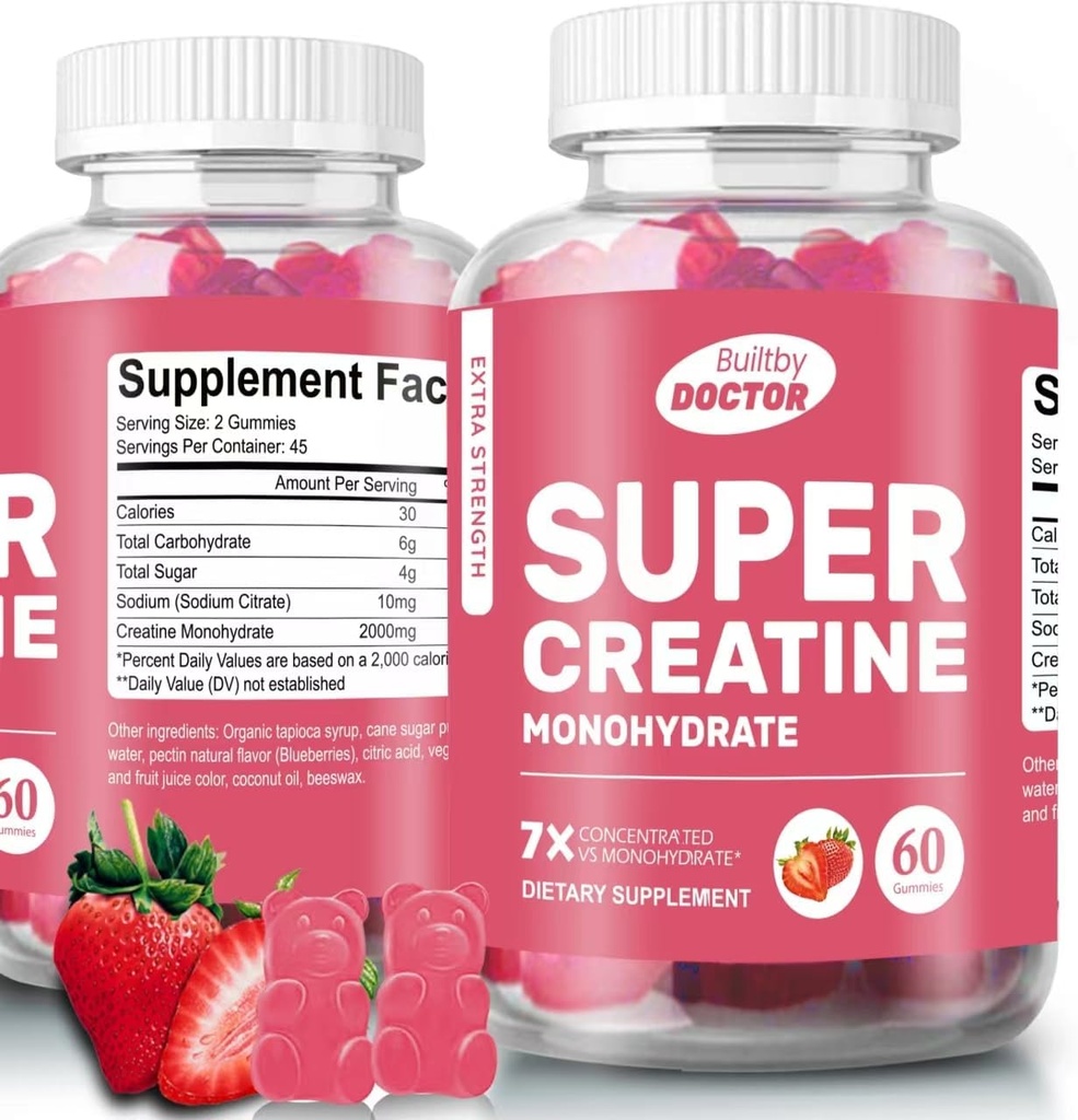 Super Creatine Monohydraat Gummy's voor mannen en vrouwen, Suikervrij, 30 porties, 5 gram Creatine per portie, Veganistisch, Glutenvrij, Bodybuilding Recovery Supplement om spiergrootte en sterkte te verhogen