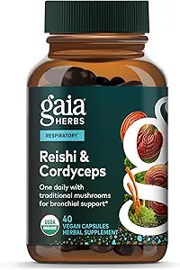 Gaia Kruiden Respiratory Mushroom Blend - Immune Support Kruidensupplement om de algehele long en respiratoire gezondheid te behouden - WIth Reishi en Cordyceps* Paddenstoelen - 40 Vegan Capsules (40-dagen levering)