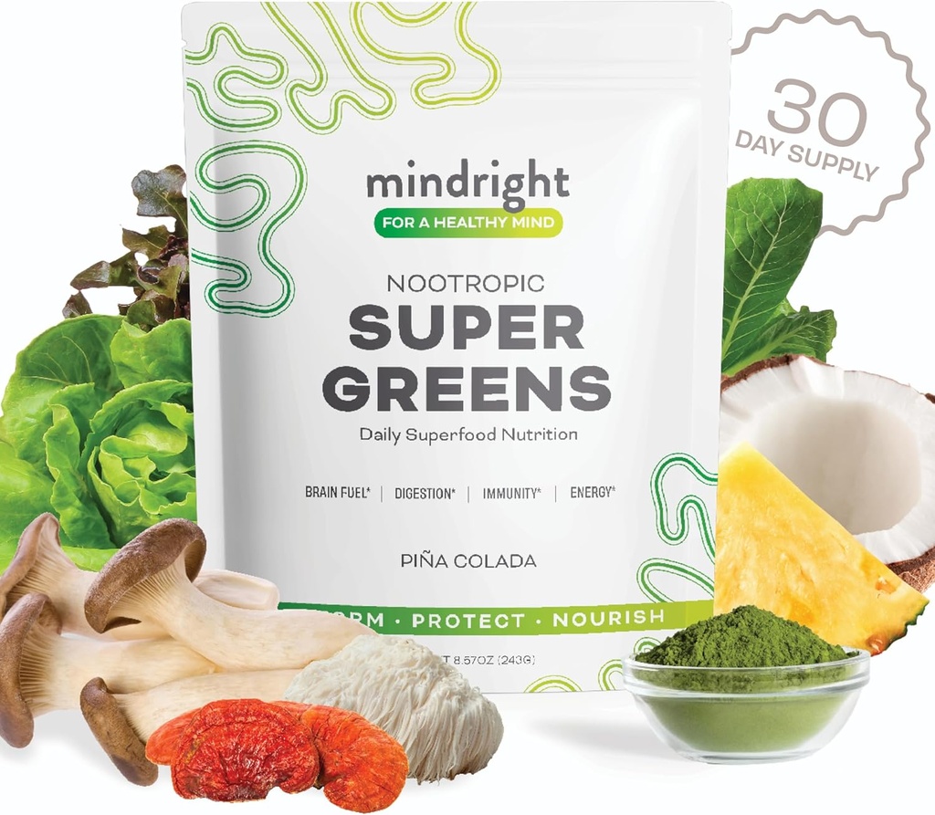 mindright Super Greens Powder - Ondersteunt dagelijkse wellness & mentale helderheid - Biologische groene poeder Superfood - Alkaliseren Biologische Superfood Greens Blend - 1 Tel - 30 Dagen Levering