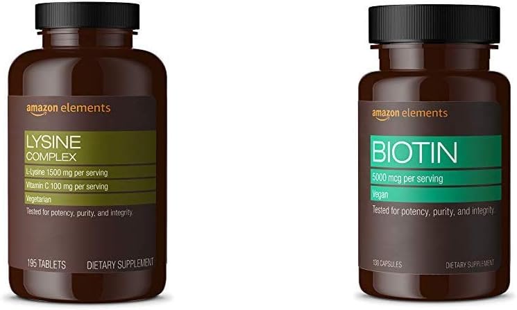 Elementen Lysine Complex met vitamine C (1500 mg L-Lysine met 100 mg vitamine C per portie - 3 tabletten), Ondersteunt Immune Health, Vegetarisch, 195 Telling (Verpakking kan variëren) en Elementen Vegan Biotin 5000 mcg - Haar, Huid, Nagels, 130 Capsules (4 maanden voorraad) (Verpakking kan variëren)