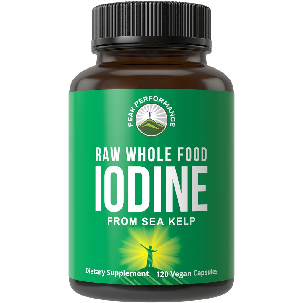 Raw Whole Food Iodine Supplement from Organic Kelp (Ascophyllum Nodosum) by Peak Performance. Potassium Iodide Support Tablets. for Metabolism, Energy, and Immune. 120 Vegan Capsules, Pills.