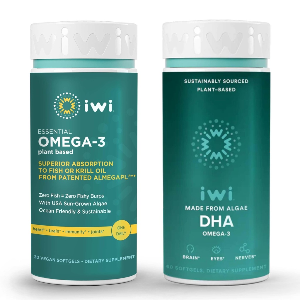 Iwi Omega-3 Essential & DHA Omega-3 Bundle, 30 Servers, Vegan Plant Based Algen Omega 3, Krill & Fish Oil Alternative, No Fishy Aftersmaak