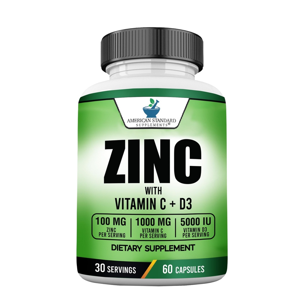 Amerikaanse standaardsupplementen Zink 100mg, Vitamine C 1000mg en Vitamine D3 5000 IE (125mcg) Per portie - Glutenvrij, Non-GMO, 60 capsules, 30 porties