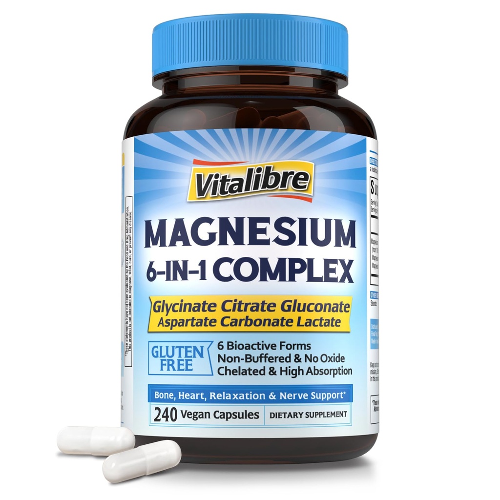 Magnesium Complex Supplement 6 in 1, 1160mg Gecheld Magnesium voor Max Absorptie, Hulp bij Betere Slaap, Ontspanning & Zenuw Kalm, 240 Vegan Capsules, Niet GGO & Glutenvrij